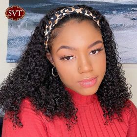 SVT Glueless Headband Wig Short Curly Human Hair Wigs For Women Human (Stretched Length: 20inches, Density: 120% 150 Density)