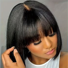 Elegant Straight Bob Human Hair Wig with Bangs - 180% Density, Glueless HD Lace Front, Natural Scalp Coverage, Vacation-Style for Women (Hair Length: 14inch, Color: Black)